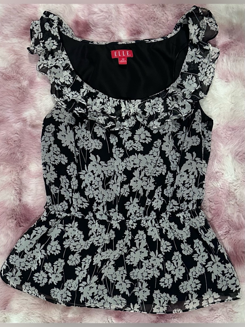 Elle Black and White Floral Ruffle Peplum Camisole Top